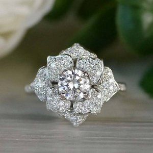🌸Beautiful Shiny CZ Diamond Large Flower Anillos Dainty Carved RingUNVN12146